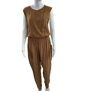 Ya Los Angeles Tan JumpSuit Womens Sz L Zipper front pockets Minimalist Normcore